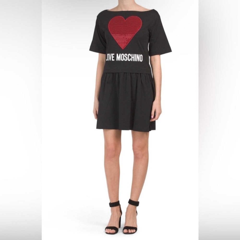 Love Moschino Size 6 Dress Short Sleeve Dress Sequin Heart Cotton Length